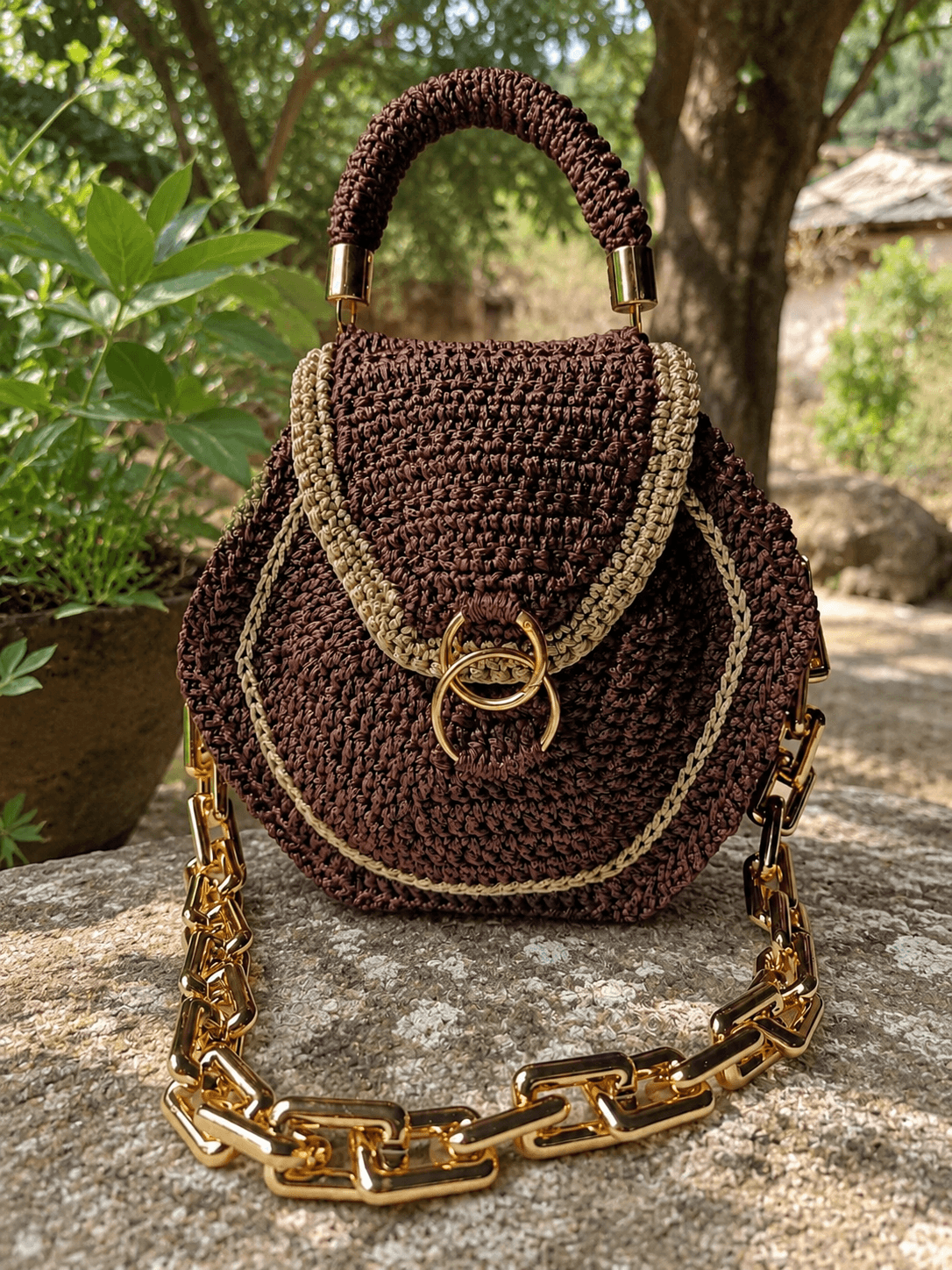 Élan Luna handmade crochet luxury bag with gold accessories.