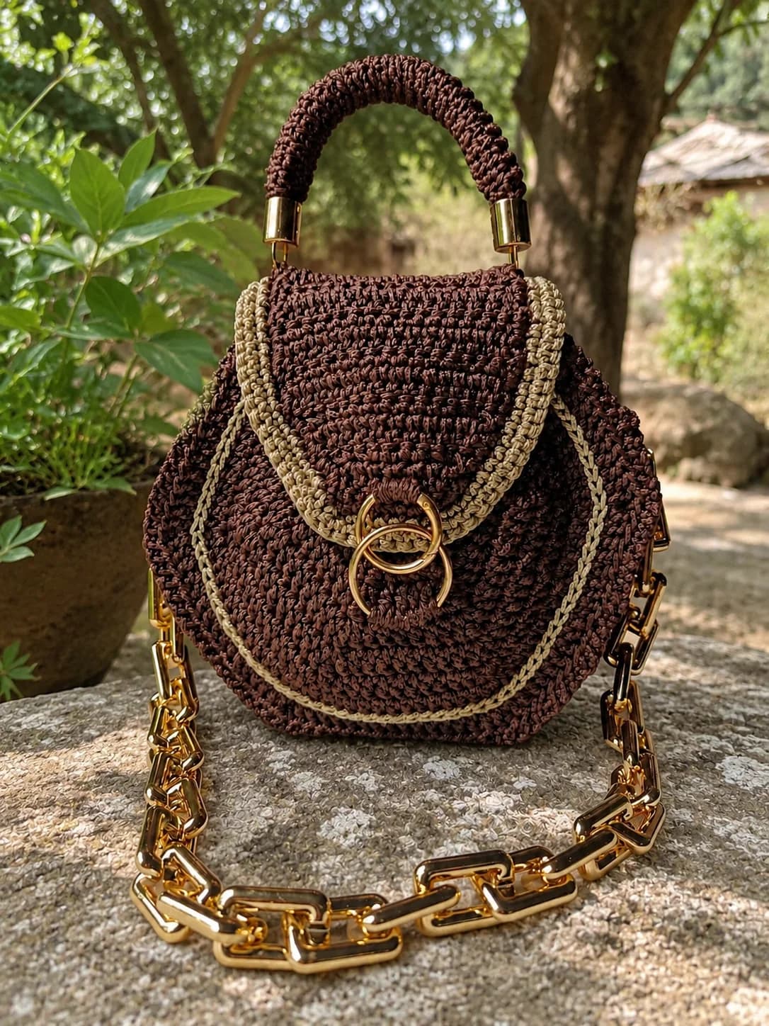 Élan Luna handmade crochet luxury bag with gold accessories.